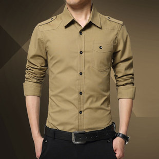 2015时尚男士长袖衬衫韩版修身军旅风格男装纯棉厚款衬衣耐脏耐磨