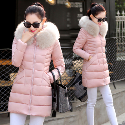 冬季新款2015韩版女装修身棉衣女中长款大毛领冬装外套羽绒棉服潮