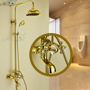 亨迪新款高档卫浴淋浴龙头蓬头金色全铜复古欧式淋浴花洒套装特价