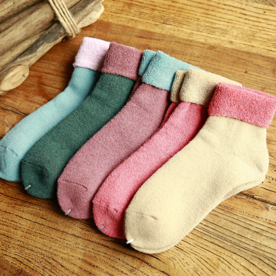 冬季新款 特厚翻边可爱兔羊毛袜 保暖中筒舒适纯色搭配毛圈女袜子