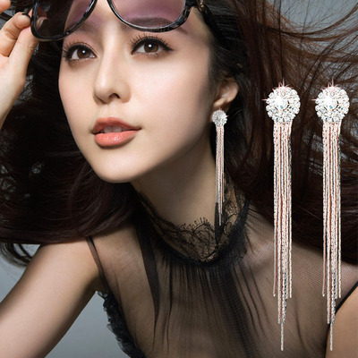 韩国时尚水晶钻耳环耳钉女 长款流苏 夸张 新娘气质 有无耳洞