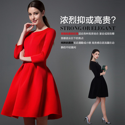 新款蓬蓬裙欧美大牌气质高端大码女装显瘦罗马棉大红色连衣裙