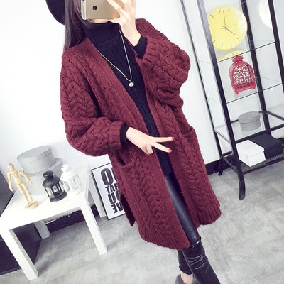冬季新款韩版针织麻花大毛衣开衫中长款蝙蝠袖开叉上衣女加厚外套