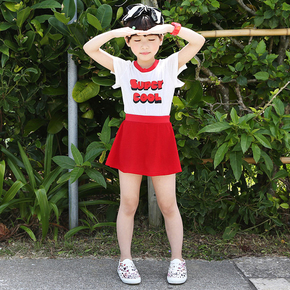 韩国精品夏童装女孩红色套装文艺范儿纯棉白T恤短裙裤套装潮童装