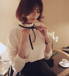 韩国2015秋冬新款小荷叶立领系带蝴蝶结长袖白衬衫学院风衬衣潮
