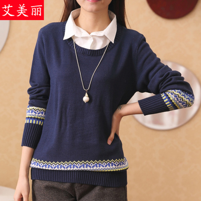 2015春装新款韩版衬衫领套头毛衣女 直筒长袖提花针织衫假两件套