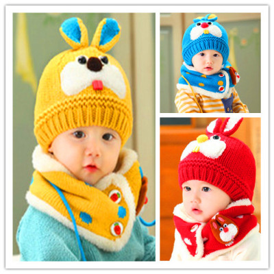婴儿保暖帽子秋冬天6-12个月女宝宝帽儿童毛线帽围巾2件套装1-6岁
