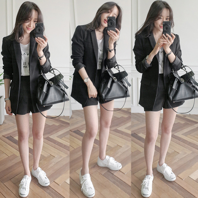 韩国小西装外套短裤两件套2017春季新款黑色百搭显瘦西服套装女潮
