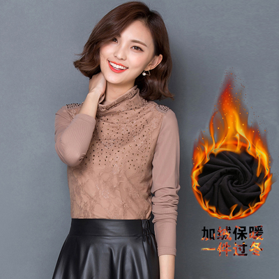 2015韩版打底衫女冬蕾丝高领保暖上衣加绒加厚长袖T恤套头小衫