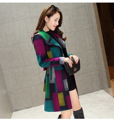 2015秋冬女装新款韩版格子修身呢子大衣中长款气质百搭羊毛呢外套