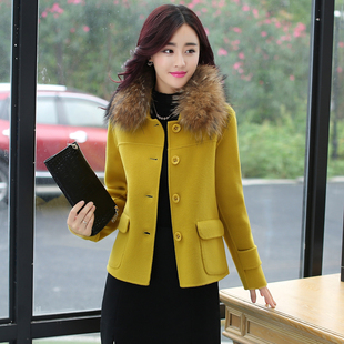 2015冬新款韩版短款女士毛呢外套真毛领修身气质时尚大牌女装大衣
