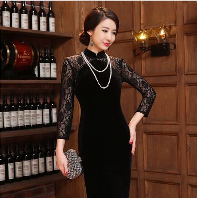 梦之花 2016新款长袖中国风黑双层时尚改良蕾丝拼接长款丝绒旗袍