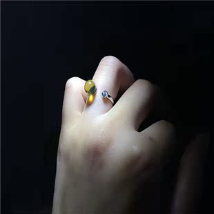 泰国老银匠纯手工天然蓝琥珀圆珠女款尾戒指环