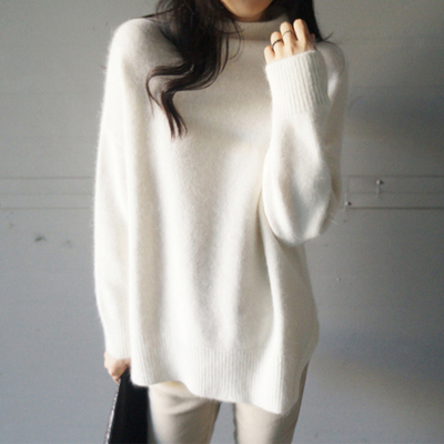 韩国代购2015秋冬蝙蝠袖兔毛半高领宽松打底白色毛衣女套头中长款