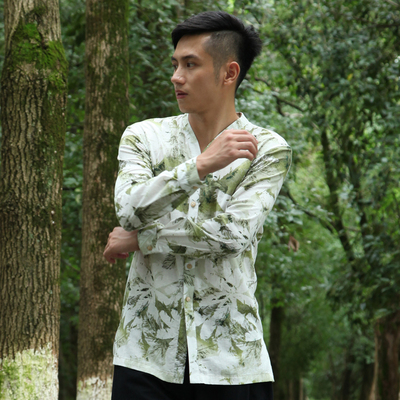 原创中国风男士秋装长袖亚麻衬衫 中式简约复古印花棉麻居士上衣
