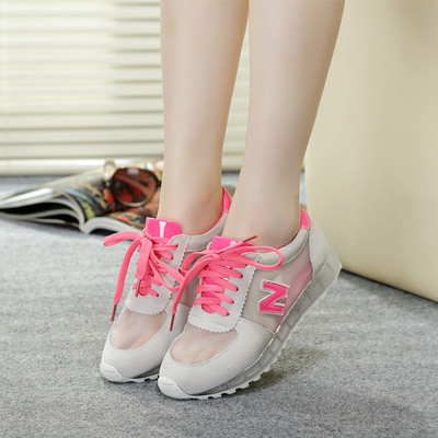 夏季韩版新款女网纱透明运动鞋N字系带水晶底学生真皮休闲旅游鞋