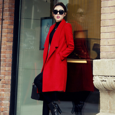 实拍毛呢外套女2015新款韩版修身中长款大码加厚呢子大衣