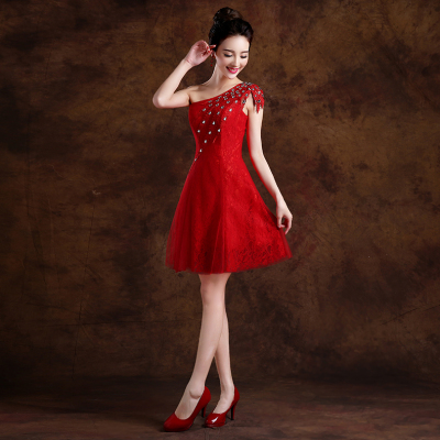 新娘敬酒服短款夏伴娘服2015新款聚会女士订婚红色镶钻晚礼服裙