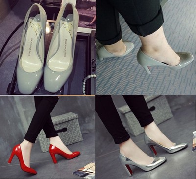 2015韩版新款漆皮方头高跟女鞋性感百搭浅口粗跟单鞋红色婚鞋潮