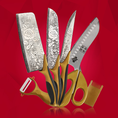 蔷薇大马士五件套菜刀刀具 不锈钢菜刀套装 全套厨刀切片刀不生锈