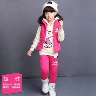 女童套装韩版儿童加绒加厚卫衣三件套史努比印花套装