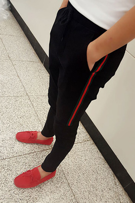 2015春夏快手红人同款社会精神小伙必备紧腿红绿条修身弹力小脚裤