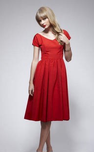 泰勒同款复古欧美V领赫本短袖红色经典显瘦大摆蓬蓬裙