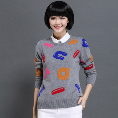 2015冬季新品女装韩版长袖针织衫短款字母印花貂绒毛衣打底衫外套
