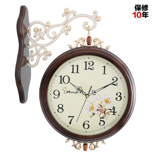 枫叶欧式实木双面挂钟 田园客厅创意时钟 大号静音壁挂式复古钟表