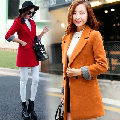 2015秋冬新款韩版修身中长款毛呢外套女式西装领加厚羊毛呢子大衣