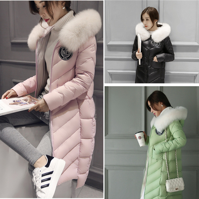 2015冬季新款韩版修身加厚真貂子大毛领 超长款过膝羽绒服女