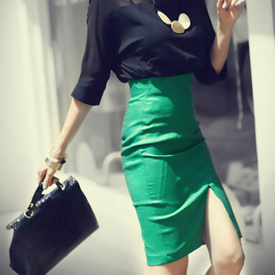 绿色包裙半身裙中裙高腰修身开叉包臀裙女韩版通勤OL弹力一步裙潮