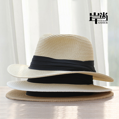 帽子大沿遮阳帽女夏天潮韩版黑色织带时装帽圆顶防晒沙滩帽