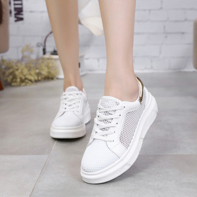 韩版2016夏季新款学生女鞋厚底坡跟小白鞋透气网鞋系带平底休闲鞋