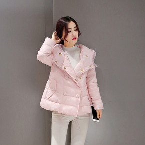 2015冬季新款棉袄女韩版修身短款加厚棉衣女A字蕾丝连帽棉服外套