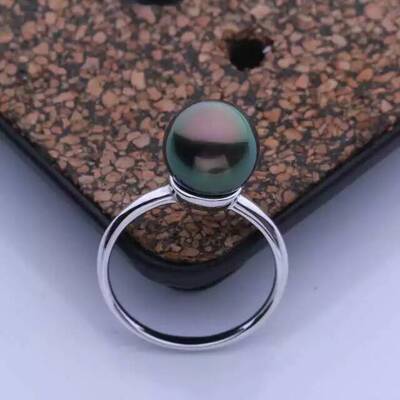 天然大溪地黑珍珠戒指女式18k白金正圆无瑕孔雀绿黑珍珠戒指正品