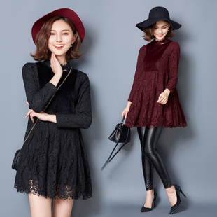 2015冬季新韩版修身加绒连衣裙蕾丝裙打底裙中长款圆领中腰短裙女