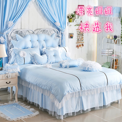 家纺韩版床裙四件套全棉斜纹蕾丝床上用品公主粉色花边床单1.8米2