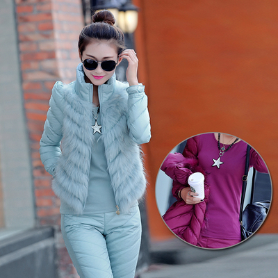 2015冬装新款韩版女装修身显瘦貉子毛拼接保暖棉衣棉服三件套装