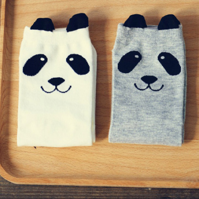 6双包邮秋冬季caramella韩国风可爱熊猫灰白色中筒女士棉袜短袜