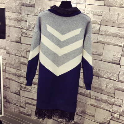 2015冬装新款韩版打底针织衫蕾丝拼接半高领保暖套头毛衣连衣裙女