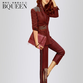 Bqueen2016秋装新款欧美时尚OL双排扣修身显瘦西装长裤两件套装女
