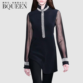 Bqueen2016秋装新款欧洲站优雅小立领时尚个性高腰长袖连衣裙短裙