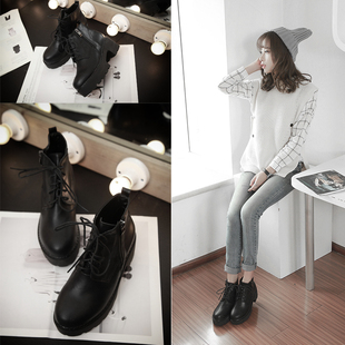 韩版系带厚底松糕短筒女靴秋冬季单鞋侧拉链高跟马丁靴女粗跟短靴