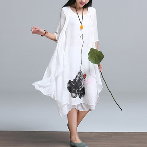 实拍2016夏复古中国风大码女装印花假两件宽松棉麻手绘连衣裙