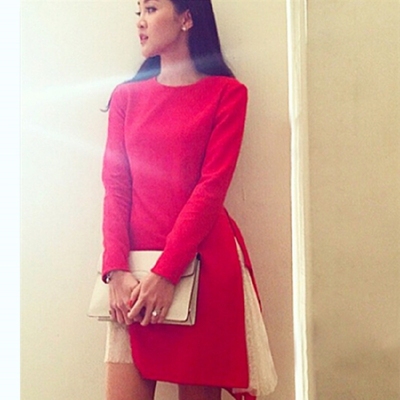15秋泰国潮牌不规则红色修身长款上衣 长袖开衩高腰连衣短裙套装