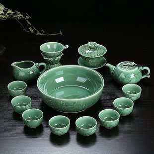 高档功夫整套茶具套装陶瓷龙泉青瓷骨瓷家用泡茶盖碗茶壶茶洗茶杯