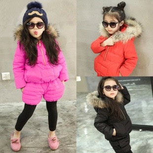 女童棉衣套装冬款 韩版收腰 带帽儿童羽绒棉棉袄加厚外套包邮