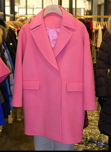 2014冬装新款女韩版羊毛呢西装领外套宽松大码中长款大衣粉色气质