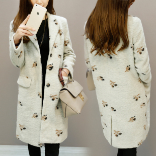 2015冬季新款 韩版印花显瘦修身百搭中长款毛呢大衣学生外套女潮
